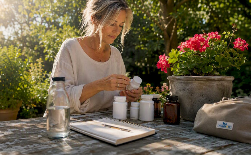 En kvinna sitter vid köksbordet och sorterar sina vitamintabletter.