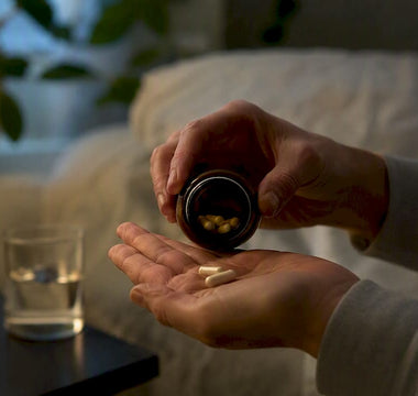 Händer som håller melatoninkapslar ovanför ett nattduksbord