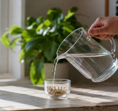 En hand häller vatten över kapslar med L-teanin.