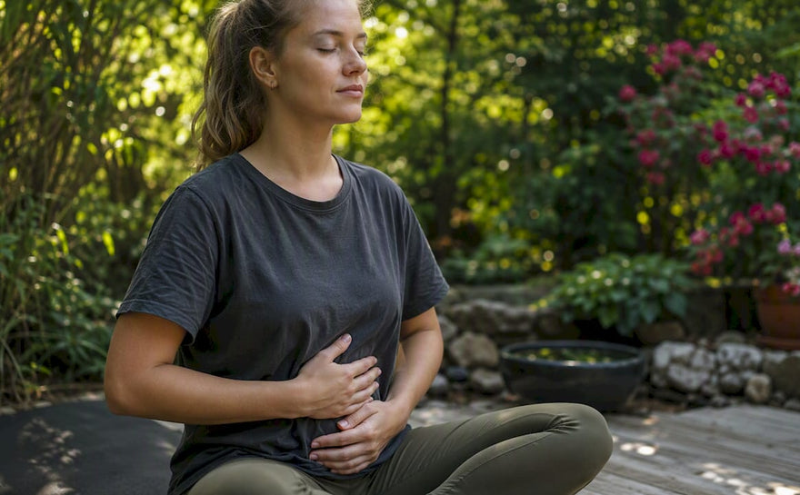 En person ligger på en yogamatta och fokuserar på djupa andetag.