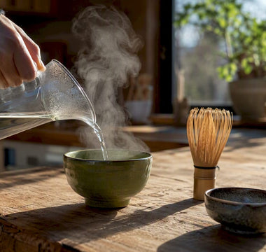 Att hälla upp hett vatten över matcha-teet