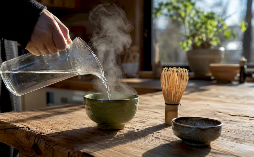 Att hälla upp hett vatten över matcha-teet