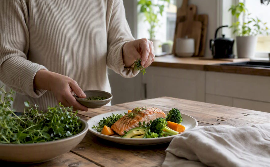 Händer som förbereder en måltid som boostar serotoninet