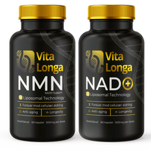 1 + 1 Paketpris VITA LONGA NAD+ och NMN. 2 x 60 kapslar, 500 mg dos.